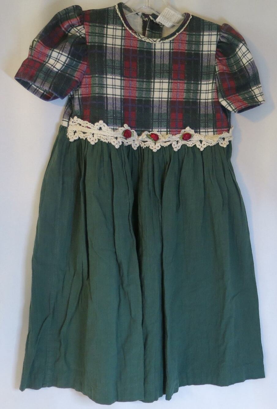 VINTAGE PEACHES N CREAM Dress Size 7 Girls Short Sleeve Crochet Plaid Green Boho